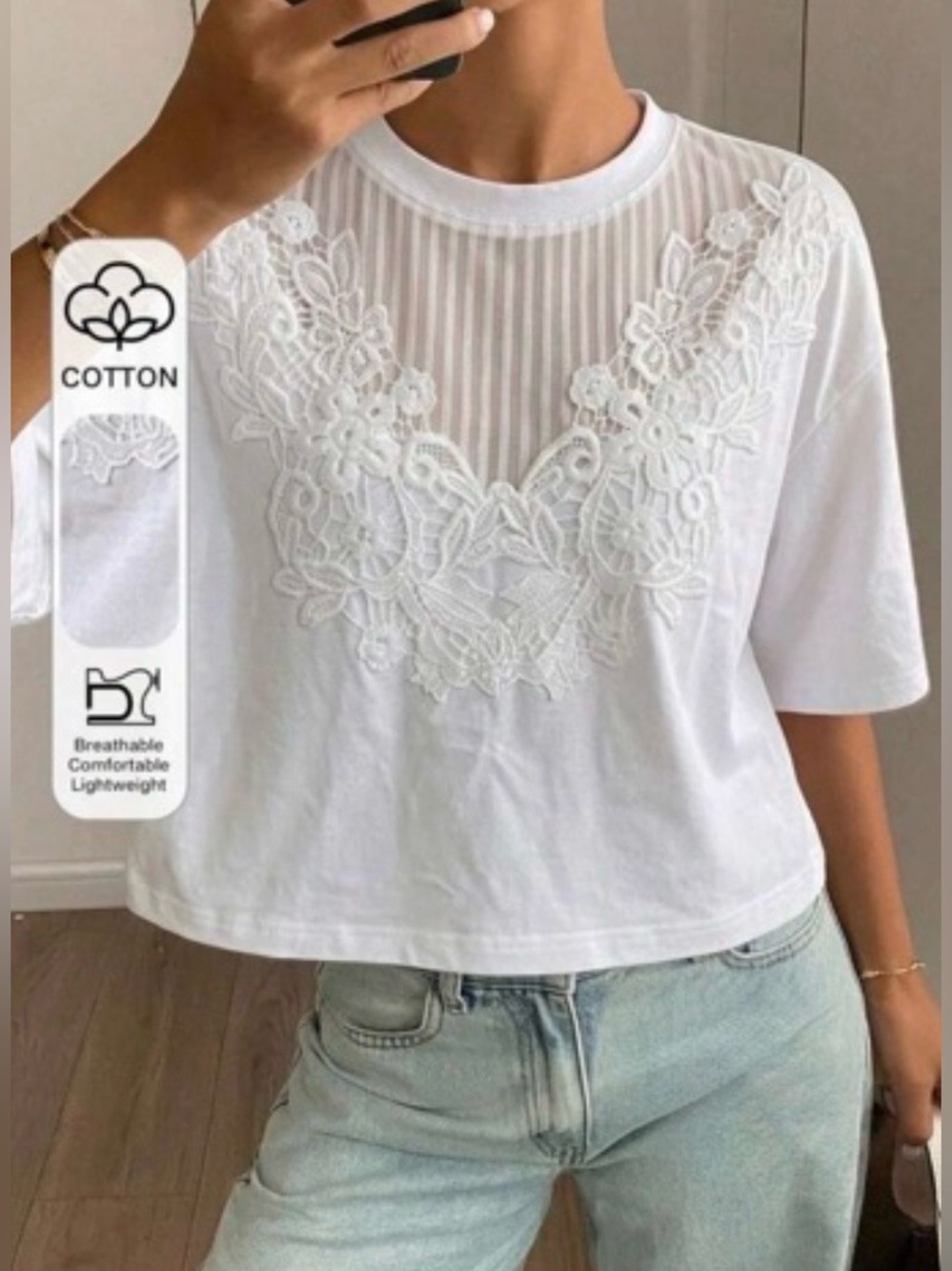 NEW ARRIVAL Women's White Cotton Short-Sleeve Tee with Lace Yoke